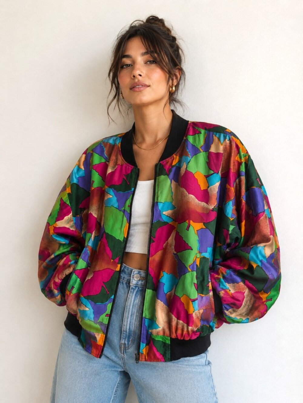 Vintage CArol Horn Multicolor SILK Bomber Jacket XL